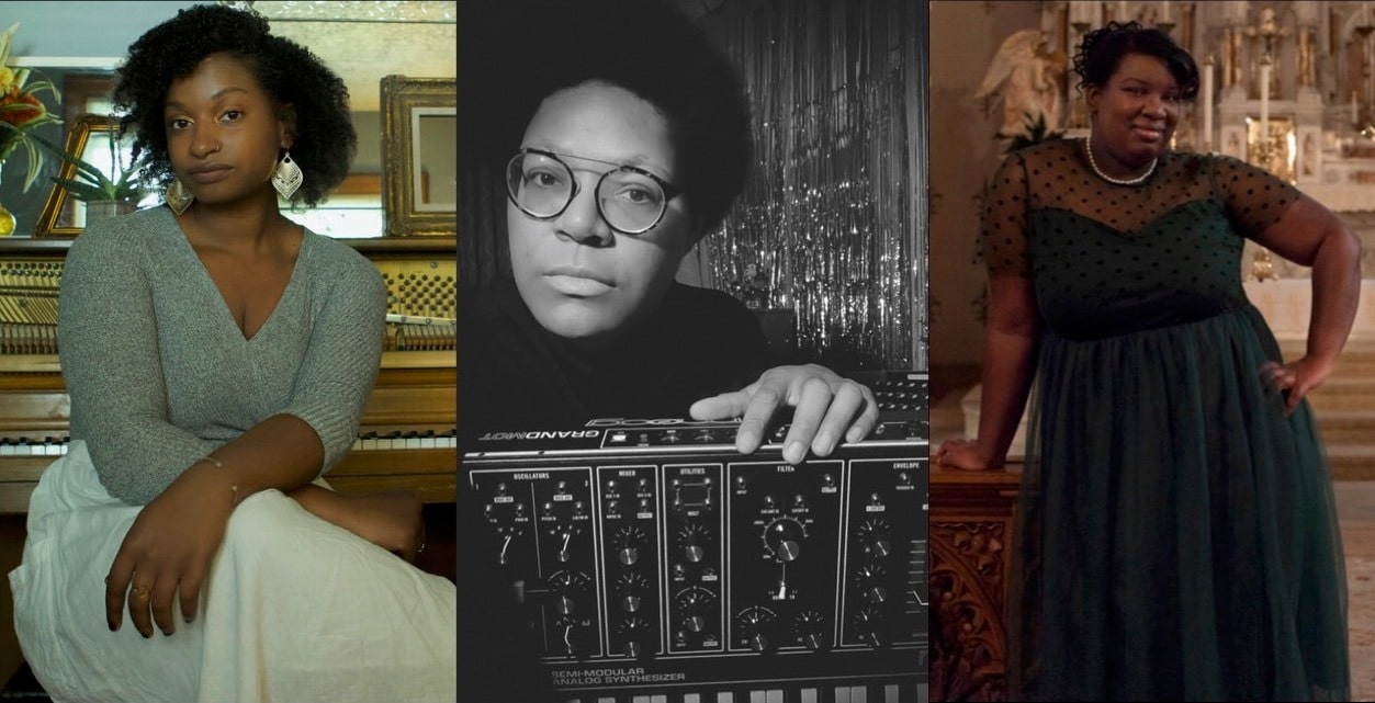 Composer Jordyn Davis in a grey sweater and long white skirt seated in front of a piano, a black and white image of The Honourable Elizabeth A. Baker with her hand on an analog synthesizer by MOOG, and Jessica T. Carter posing with a hand on her hip in a green gown and pearl necklace in what appears to be a cathedral